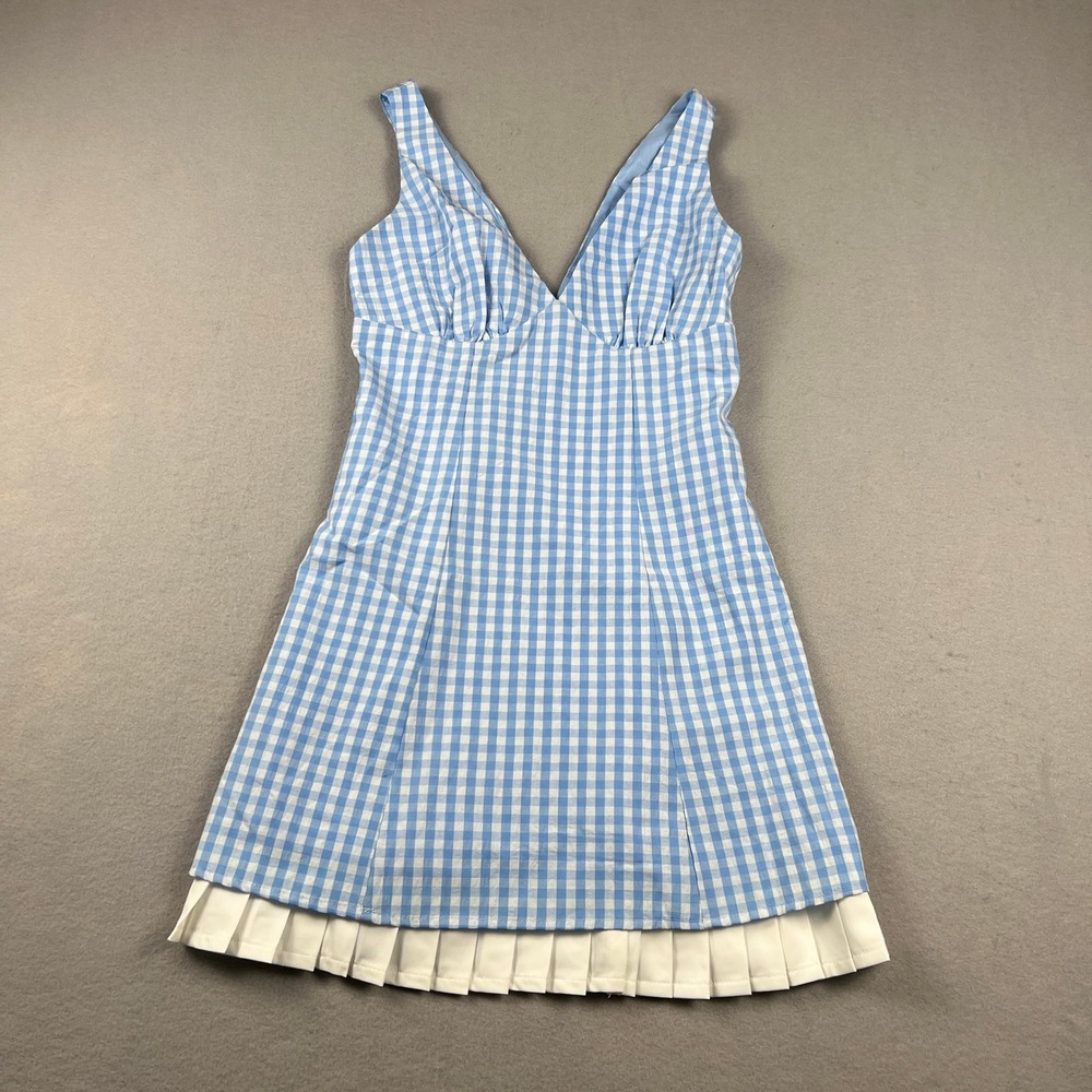 Princess Polly Mini Dress 2 Blue Gingham Pleated Hem Preppy Picnic Coquette